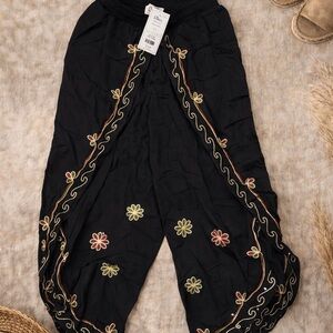 Rhea made in India Black Embroidered Harem Pants with Floral Trim